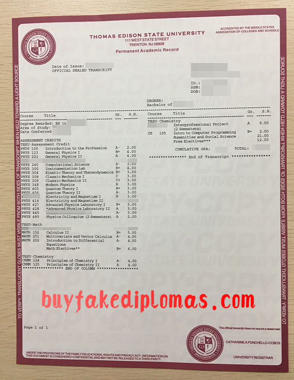 Thomas Edison State University Transcript, Buy Fake Thomas Edison State University Transcript