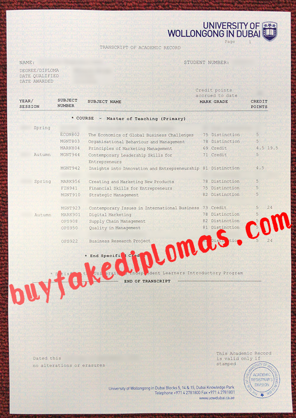 University of Wollongong in Dubai Transcript, Buy Fake University of Wollongong in Dubai Transcript