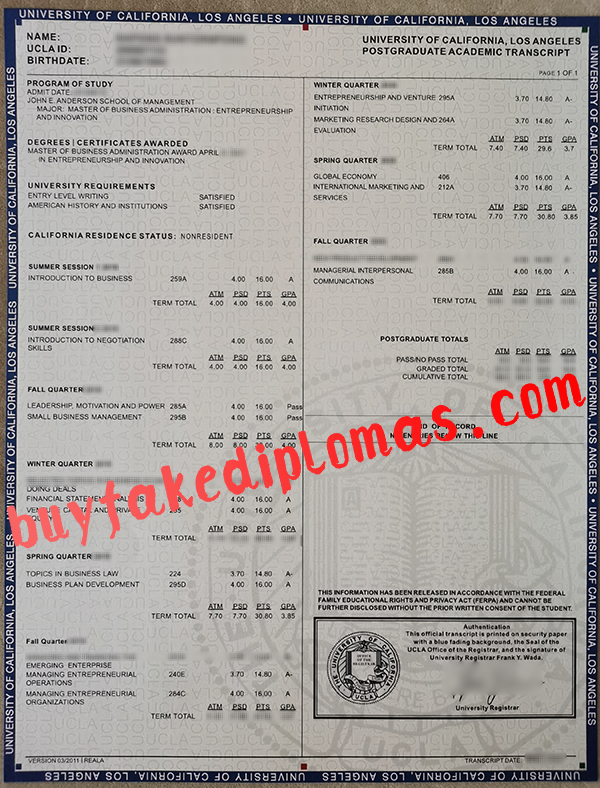 University of California Los Angeles Transcript, Buy Fake University of California Los Angeles Transcript