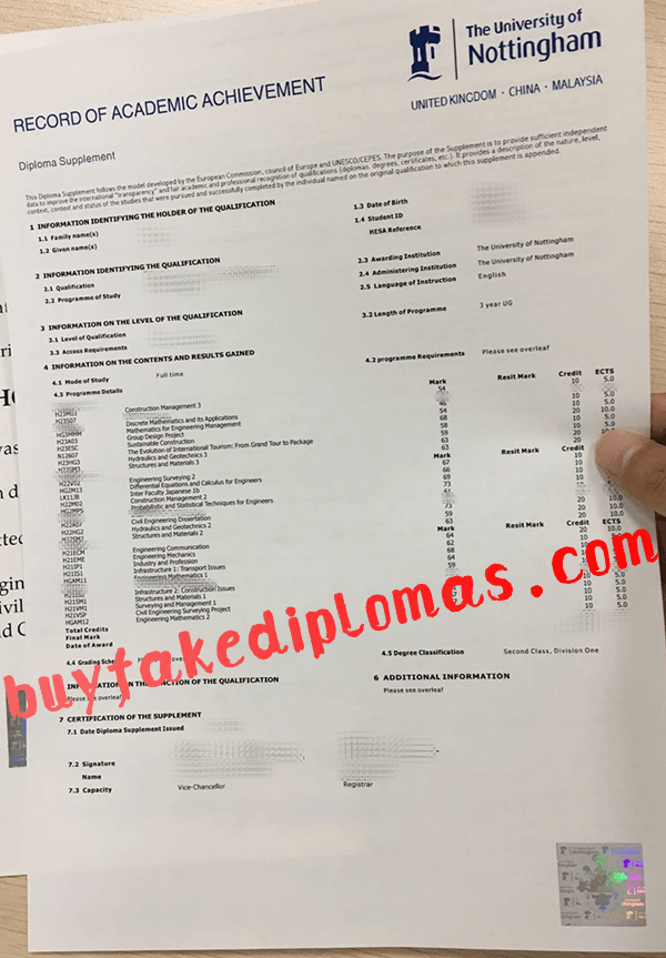 University of Nottingham Transcript, Buy Fake University of Nottingham Transcript