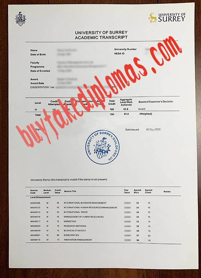 University of Surrey fake transcript 